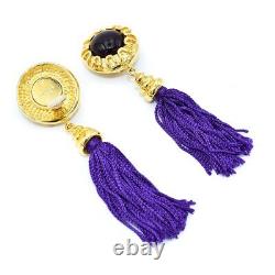 RARE! Vtg 80s ESCADA 4.5 Long Purple & Gold Round Gem Tassel Clip-On Earrings