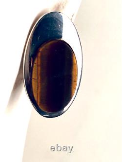Rare 925 Sterling Tiger's Eye Vintage Spain S'Paliu Modernist Clip On Earrings