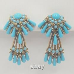 Rare SIGNED HAR Vintage Faux Turquoise RHINESTONE Dangle CLIP on EARRINGS