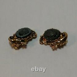 Rare Vintage 1-1/4 Juliana D&e Black Cameo Intaglio Clip Earrings Goldtone