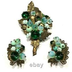 Rare Vintage Hattie Carnegie Green Beaded Brooch & Clip Earrings Set