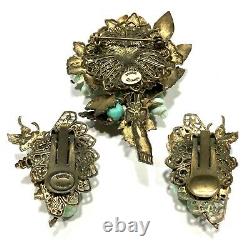 Rare Vintage Hattie Carnegie Green Beaded Brooch & Clip Earrings Set