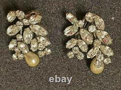 Rare Vintage Signed Schreiner Crystal Marquis & Baroque Pearl Clip-on Earrings