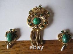 Rare/Vintage malachite green Florenza brooch/matching clip on earrings