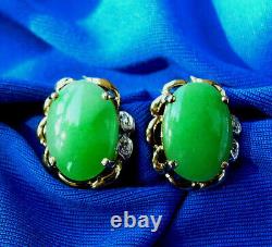 Real Jade Diamond Vintage Earrings. Exciting Deco Natural Clips Solid 14k Gold