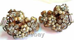 Robert Signed Vintage Crystal&pearl Clip Back Earrings Tiny Flowers Estate Find