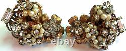 Robert Signed Vintage Crystal&pearl Clip Back Earrings Tiny Flowers Estate Find