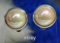 Round 3/4 Italy faux Pearl 0.925 Sterling Silver VINTAGE clip on earrings