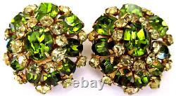 SCHREINER Gorgeous Green & Yellow Rhinestone Vintage Clip Earrings