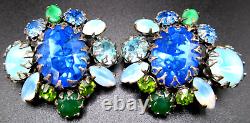 SCHREINER Signed Amazing Blue & Green Rhinestone Vintage Clip Earrings