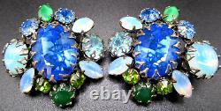 SCHREINER Signed Amazing Blue & Green Rhinestone Vintage Clip Earrings