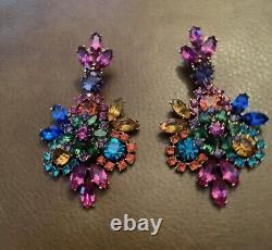 SIGNED VINTAGE THELMA DEUTSCH Multi Color Large Clip On Earrings- RARE