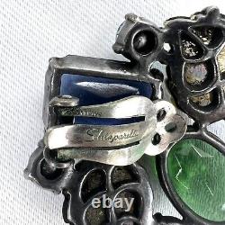 Schiaparelli Blue Green Cabochon Art Glass Iridescent Clip Earrings Vintage READ