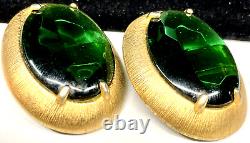 Schiaparelli Signed Earrings Rare Vintage Gilt Green Glass 1-1/4 Clip On A37