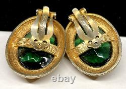 Schiaparelli Signed Earrings Rare Vintage Gilt Green Glass 1-1/4 Clip On A37