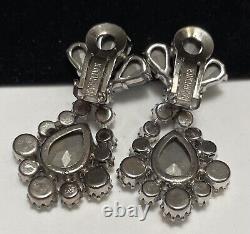 Schreiner NY Earrings Rare Vintage Rhodium Plate AB Rhinestone Dangle Signed A4