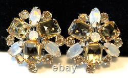 Schreiner NY Earrings Rare Vintage Rhodium Plate Moonstone Glass Signed A53
