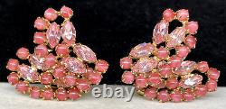 Schreiner NY Earrings Signed Rare Vintage Gilt Pink Glass Rhinestone Clips A44