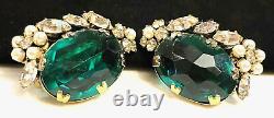 Schreiner NY Signed Earrings Rare Vintage Green Glass R/S Pearl Clip A44