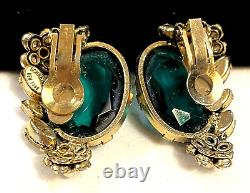 Schreiner NY Signed Earrings Rare Vintage Green Glass R/S Pearl Clip A44