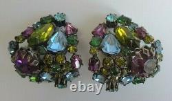 Schreiner New York Vintage Blue Purple Green Rhinestone Clip Earrings