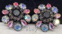 Schreiner Signed Earrings Rare Vintage Pink Purple AB Rhinestone 1-1/4 Clip A42