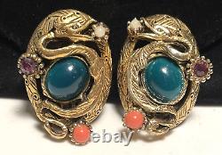 Selro Earrings Rare Vintage Lucite Faux Jade R/S Dragon Clip Unsigned A29