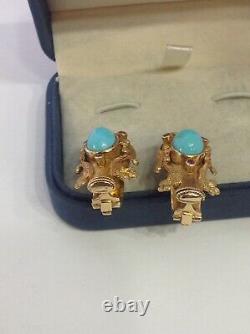 Signed Lalaounis 18k Yg. Clip Earrings. Snakes. Vintage. Ruby Turquoise