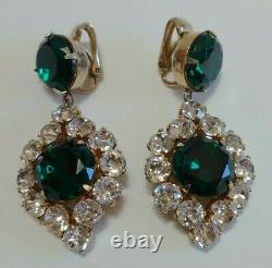 Signed Schreiner Vintage Emerald Green Glass & Rhinestone Dangle Clip Earrings