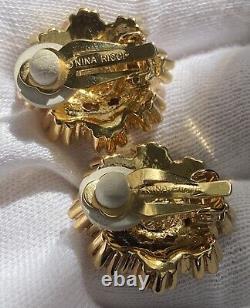 Sparkling Vintage NINA RICCI Signed Gold Tone Clip Earrings Near Mint Condition