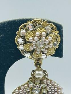 Stanley Hagler NYC Vintage Rhinestone Pearl Flower Clip Dangle Earrings