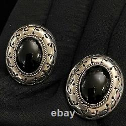 Stunning Large Vintage Estate Sterling Silver Onyx Shadowbox Clip On Earrings