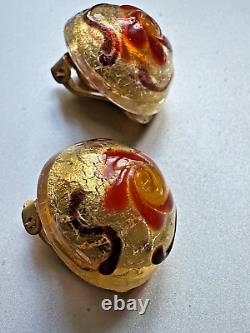 Stunning Vintage Murano Glass Clip-on Earrings Red flower on gold Foil 2cm