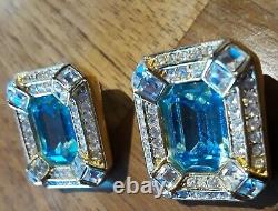 Stunning Vtg Real Christian Dior Gold Tone Blue Topaz Glass Clip-on Earrings