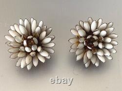Superb Vintage French Clip-on Earrings Flower's petals w. White Glass Cabochon
