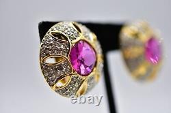 Swarovski Swan Signed Clip Earrings Vintage Rhinestone Pink Crystal Pave BinC