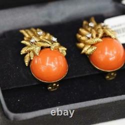 Tiffany & Co. 18k Yellow Gold Vintage Round Coral Diamond Clip On Earrings