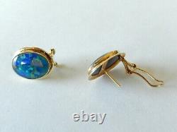 VINTAGE 14K Yellow Gold French Clip Blue Green Fire Opal Earrings 5/8 x 1/2