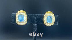 VINTAGE 1970s CHRISTIAN DIOR GOLD TONE BLUE Topaz CLIP-ON EARRINGS