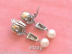 VINTAGE 3.1ctw DIAMOND 12mm MABE 9mm SALTWATER PEARL COCKTAIL CLIP EARRINGS 1950