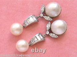 VINTAGE 3.1ctw DIAMOND 12mm MABE 9mm SALTWATER PEARL COCKTAIL CLIP EARRINGS 1950
