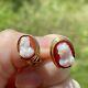 VINTAGE ANTIQUE CARVED CARNELIAN CAMEO 14K GOLD CLIP STUD EARRINGS ITALY 14mm