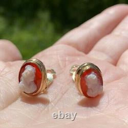 VINTAGE ANTIQUE CARVED CARNELIAN CAMEO 14K GOLD CLIP STUD EARRINGS ITALY 14mm