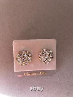 VINTAGE CHRISTIAN DIOR CRYSTAL, Some & GOLD TONE CLIP EARRINGS NEW ON CARD. 75
