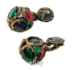 VINTAGE Crown TRIFARI Mogul JEWELS of INDIA Multi-Color Drop Clip Earrings
