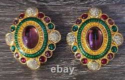VINTAGE Swarovski Signed Clip Earrings Gold Plated Mogul Style Cabochon Crystals