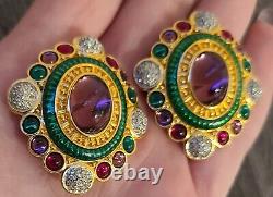 VINTAGE Swarovski Signed Clip Earrings Gold Plated Mogul Style Cabochon Crystals