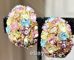 VTG CINER Large Pastel RHINESTONE Clip EARRINGS SIGNED HUGE