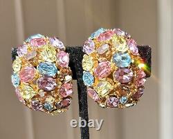 VTG CINER Large Pastel RHINESTONE Clip EARRINGS SIGNED HUGE