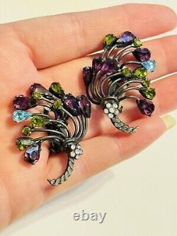 VTG Crystal rhinestone Earrings clip Austria Flower Rare signed floral purple